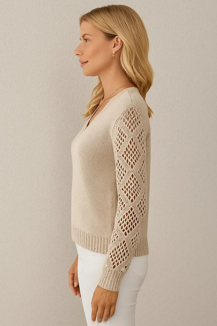 Women's V-Neck Openwork Crochet Sleeve Knitted Jumper