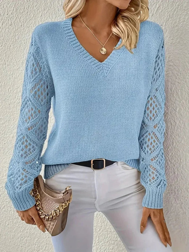 Women's V-Neck Openwork Crochet Sleeve Knitted Jumper