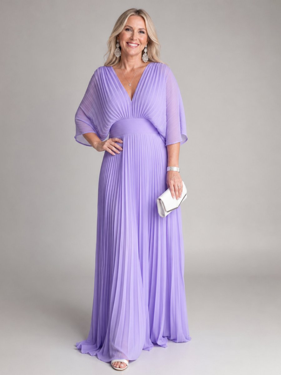 Women's V-Neck Pleated Chiffon Christmas Party Maxi Dress