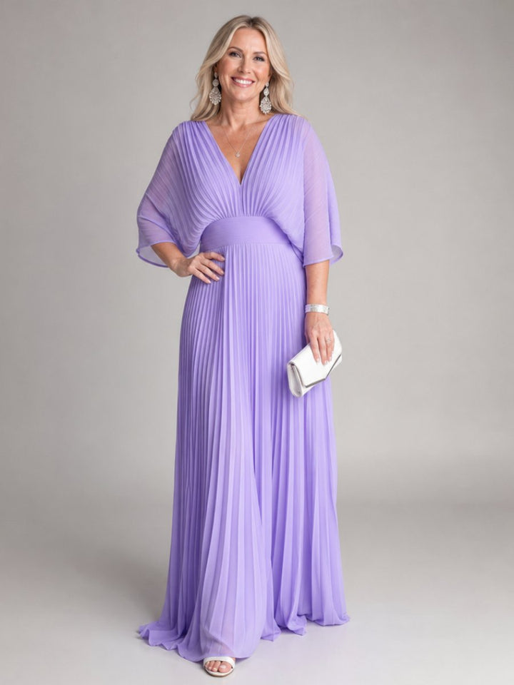 Women's V-Neck Pleated Chiffon Christmas Party Maxi Dress