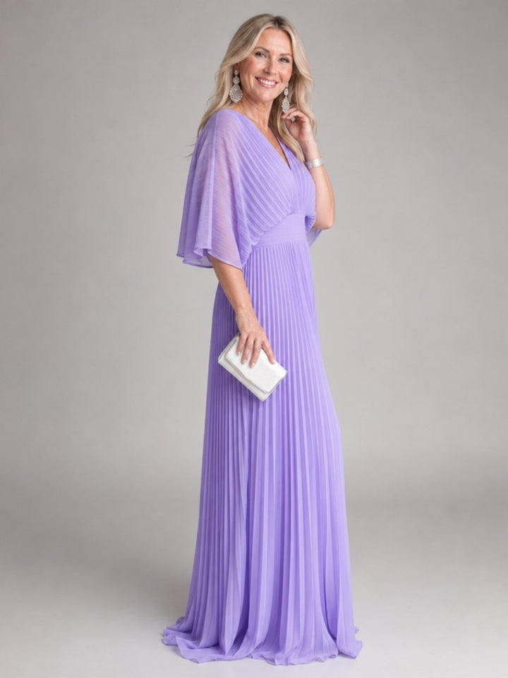 Women's V-Neck Pleated Chiffon Christmas Party Maxi Dress