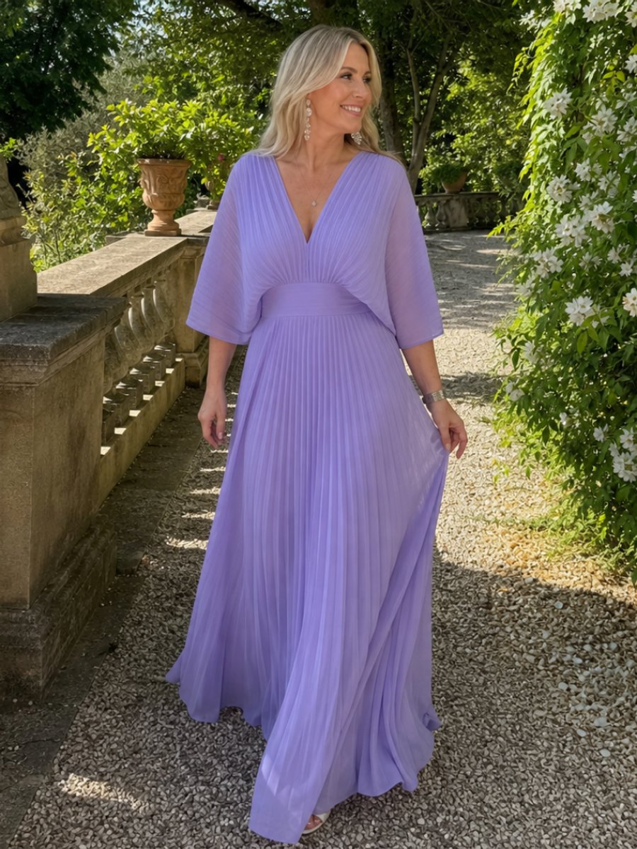 Women's V-Neck Pleated Chiffon Christmas Party Maxi Dress