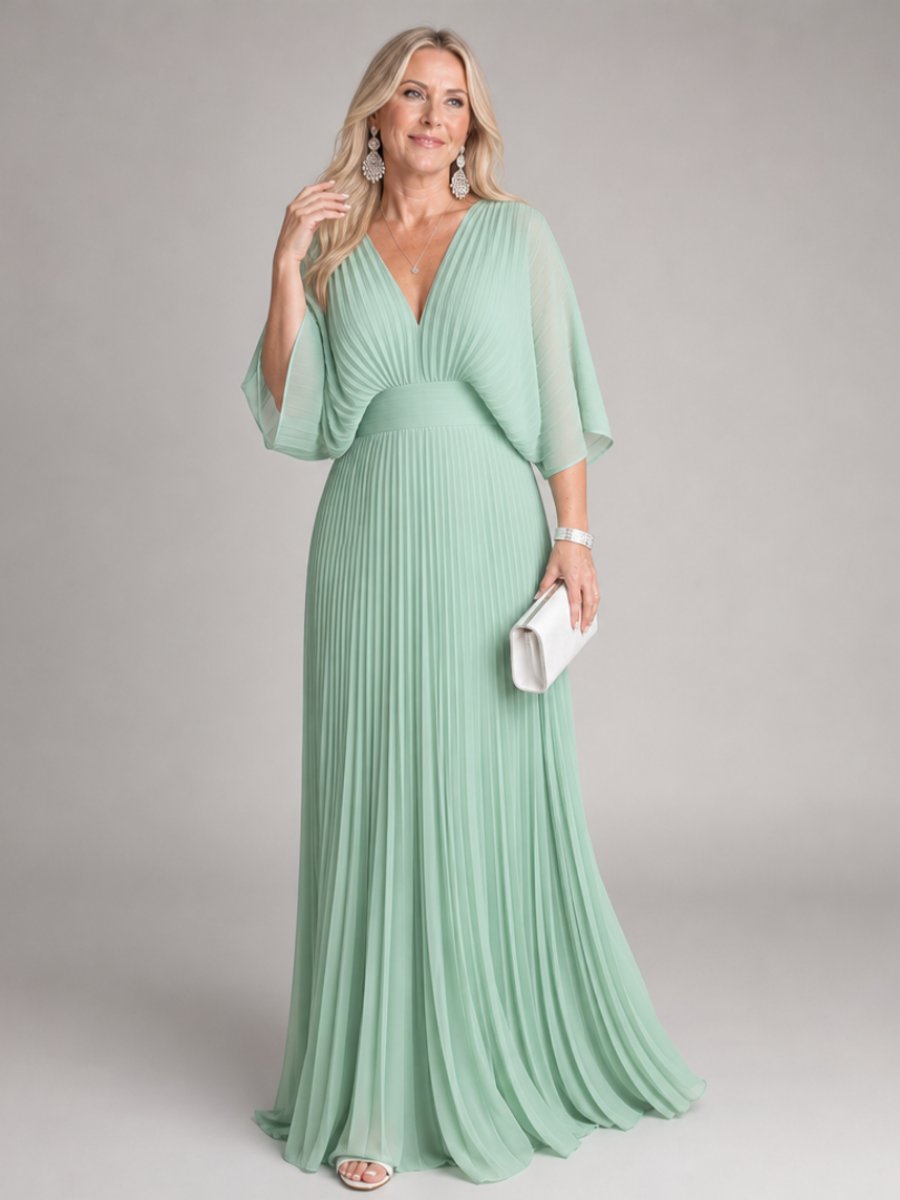 Women's V-Neck Pleated Chiffon Christmas Party Maxi Dress