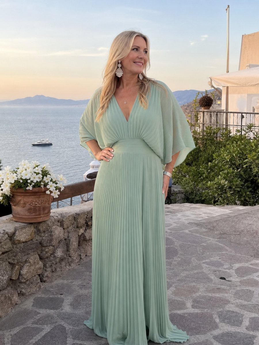 Women's V-Neck Pleated Chiffon Christmas Party Maxi Dress