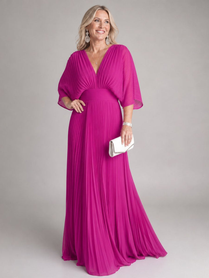 Women's V-Neck Pleated Chiffon Christmas Party Maxi Dress