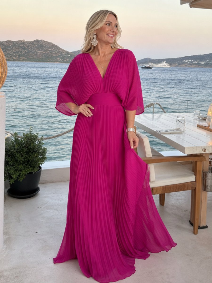 Women's V-Neck Pleated Chiffon Christmas Party Maxi Dress