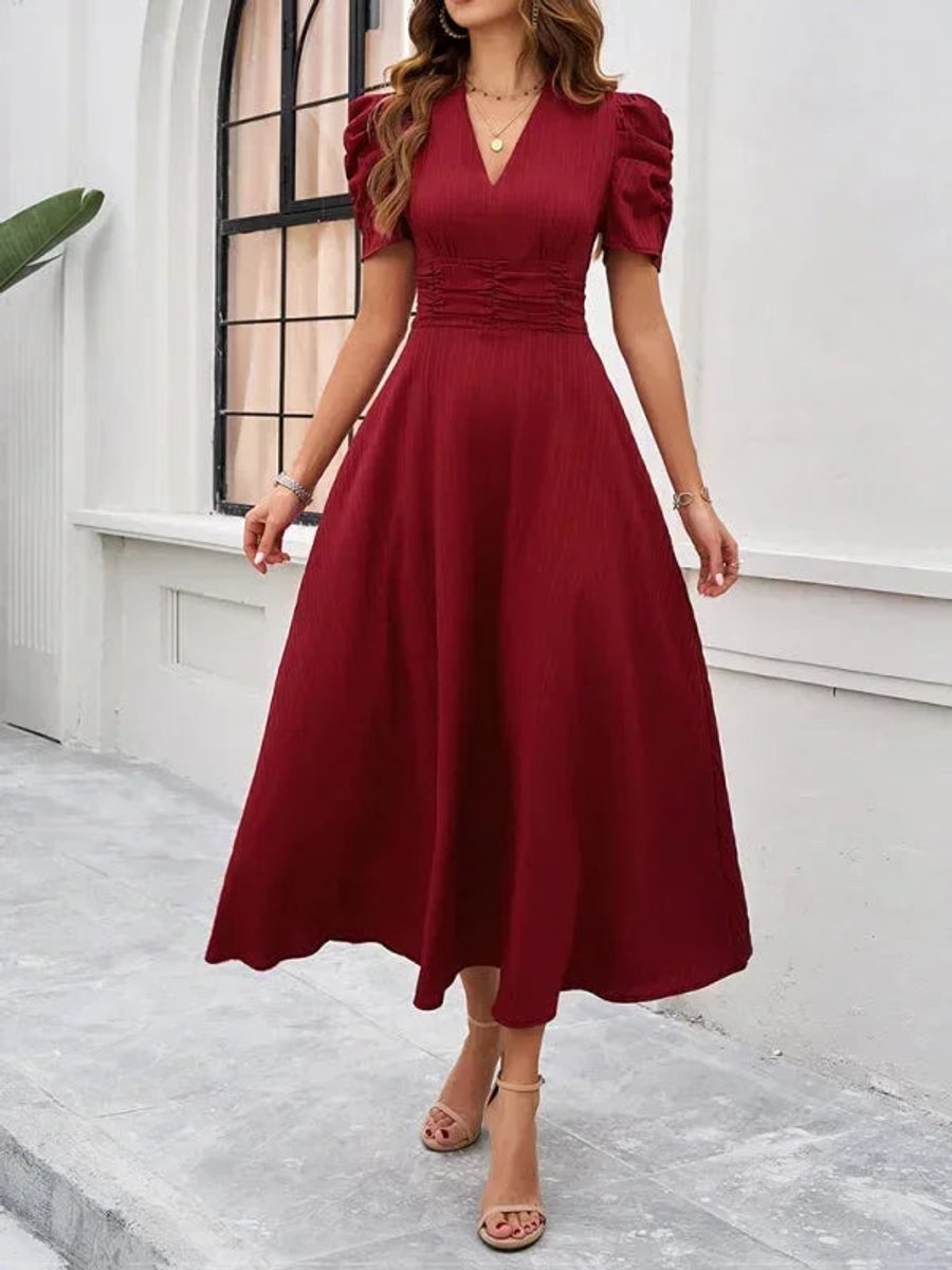 Women's V-Neck Puff Sleeve Midi Christmas Party Dress