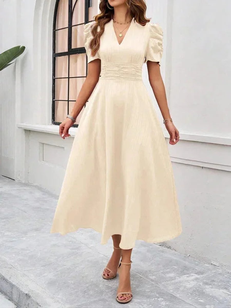 Women's V-Neck Puff Sleeve Midi Christmas Party Dress