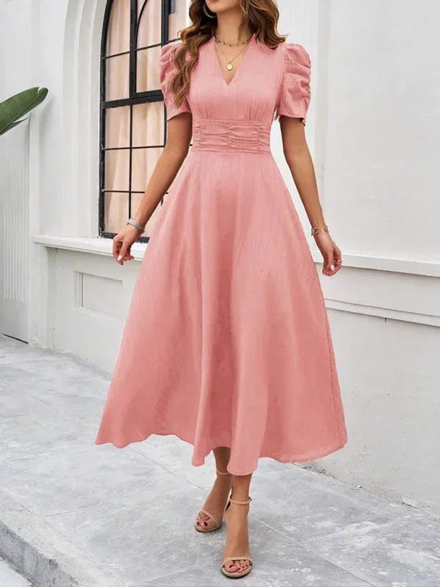 Women's V-Neck Puff Sleeve Midi Christmas Party Dress