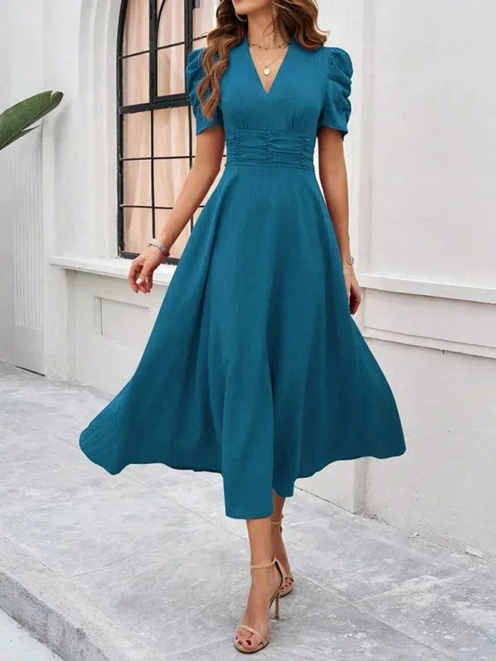 Women's V-Neck Puff Sleeve Midi Christmas Party Dress