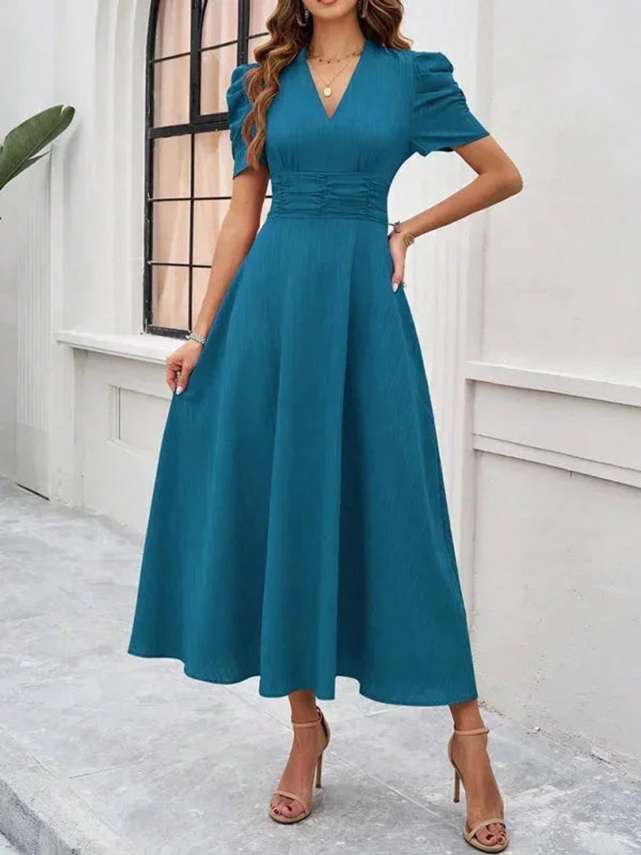 Women's V-Neck Puff Sleeve Midi Christmas Party Dress