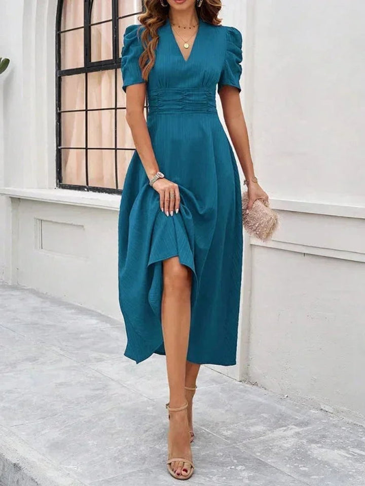 Women's V-Neck Puff Sleeve Midi Christmas Party Dress
