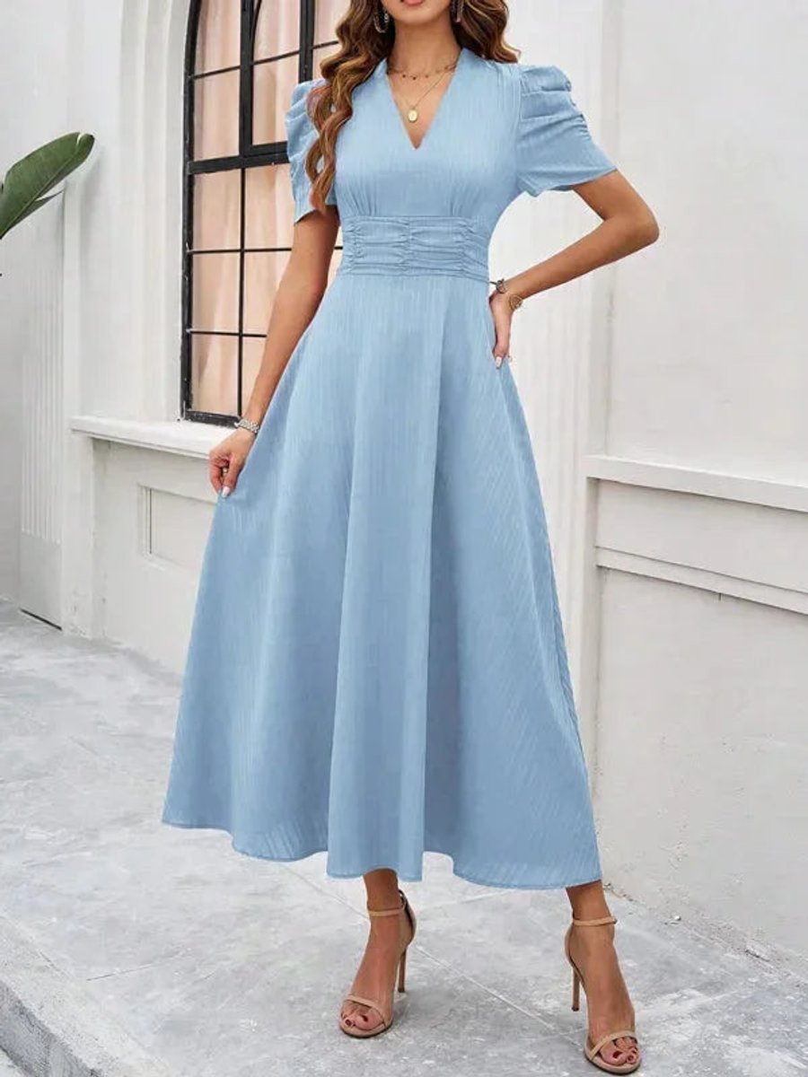 Women's V-Neck Puff Sleeve Midi Christmas Party Dress