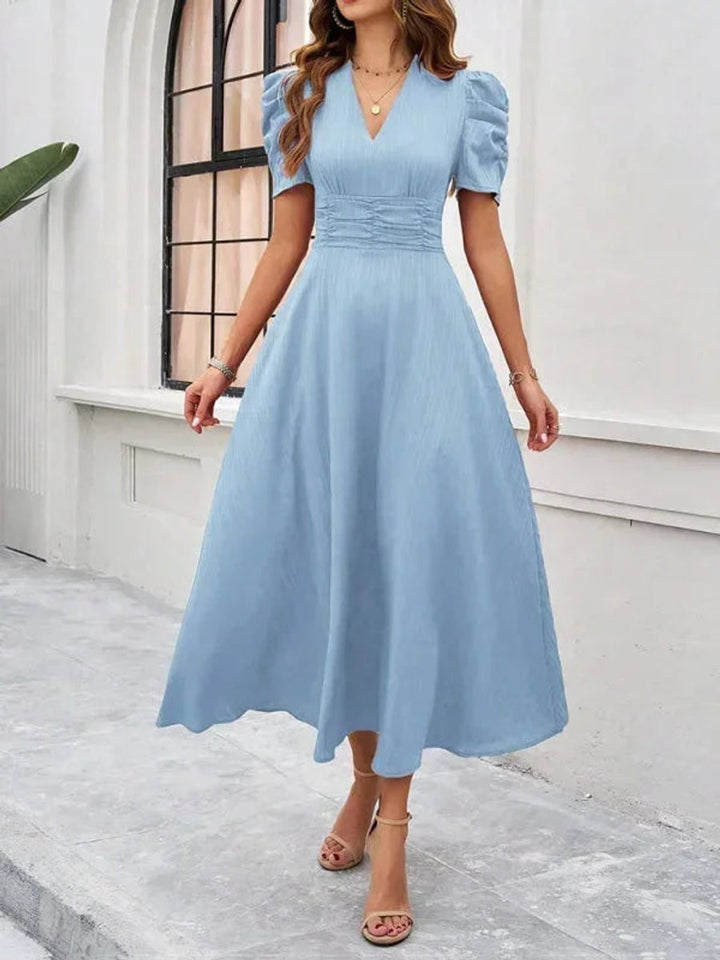 Women's V-Neck Puff Sleeve Midi Christmas Party Dress