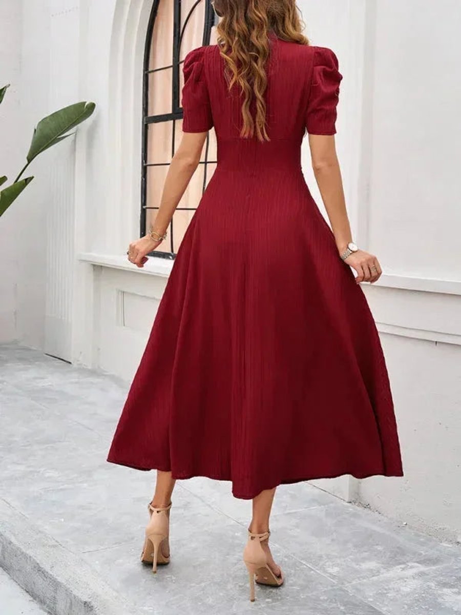 Women's V-Neck Puff Sleeve Midi Christmas Party Dress
