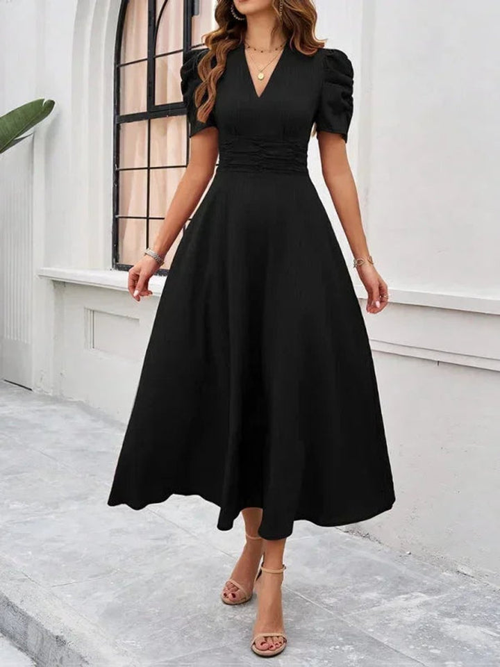 Women's V-Neck Puff Sleeve Midi Christmas Party Dress
