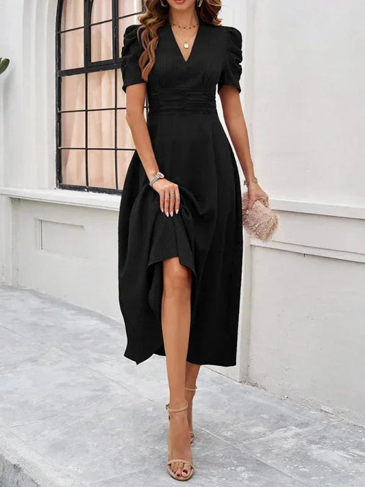 Women's V-Neck Puff Sleeve Midi Christmas Party Dress