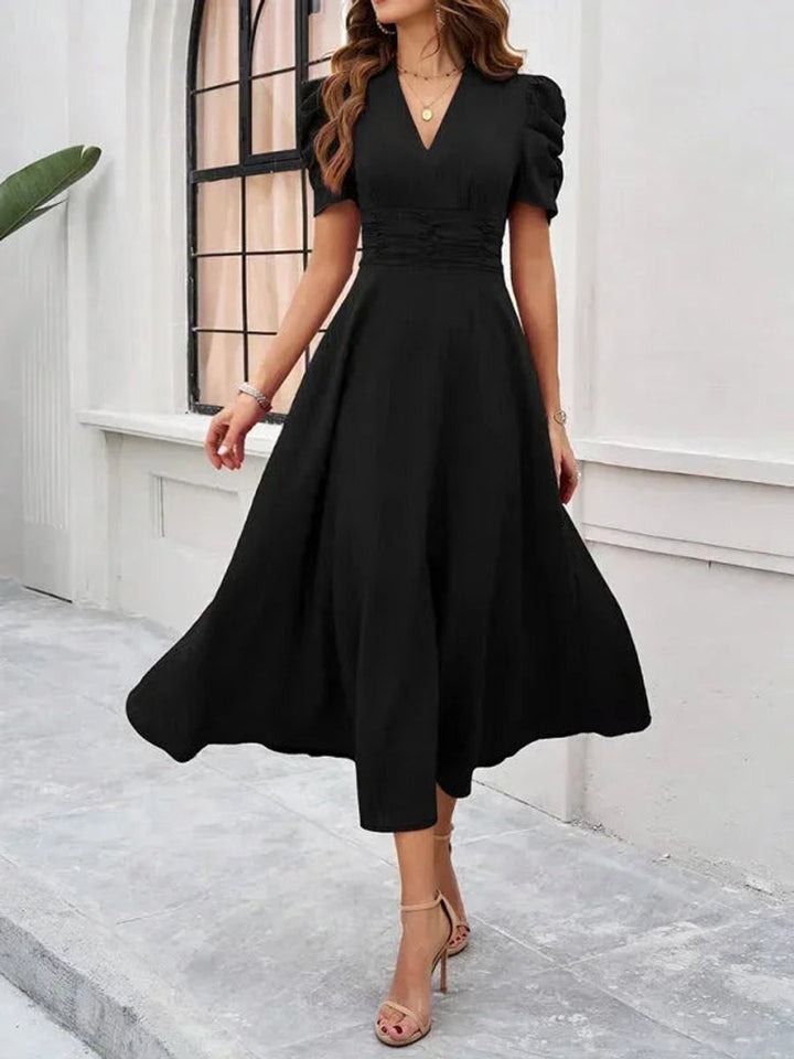 Women's V-Neck Puff Sleeve Midi Christmas Party Dress