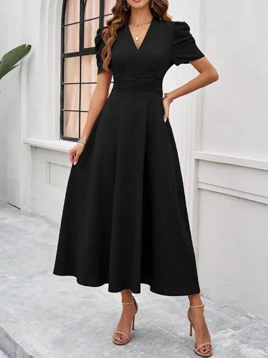 Women's V-Neck Puff Sleeve Midi Christmas Party Dress