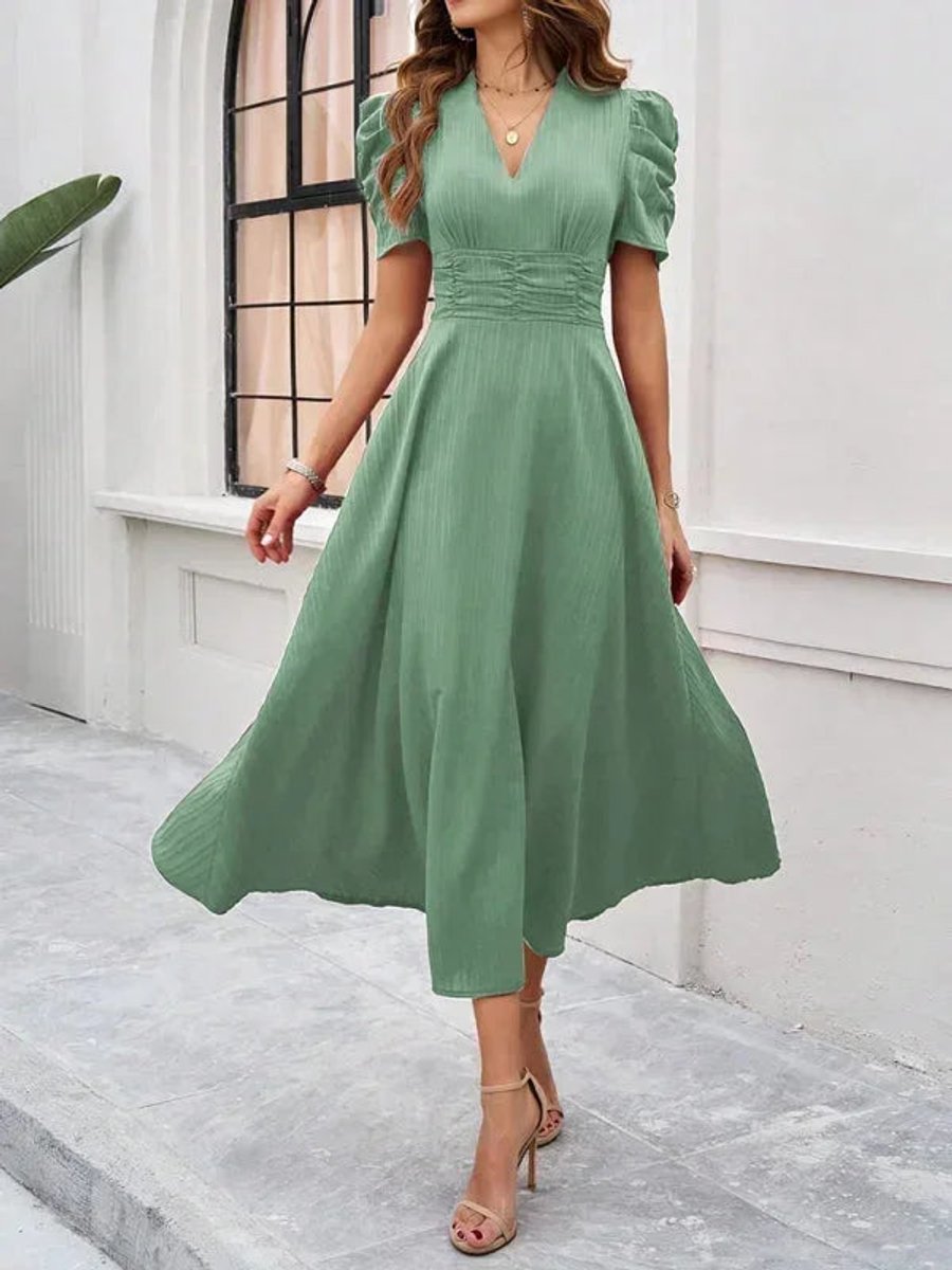Women's V-Neck Puff Sleeve Midi Christmas Party Dress