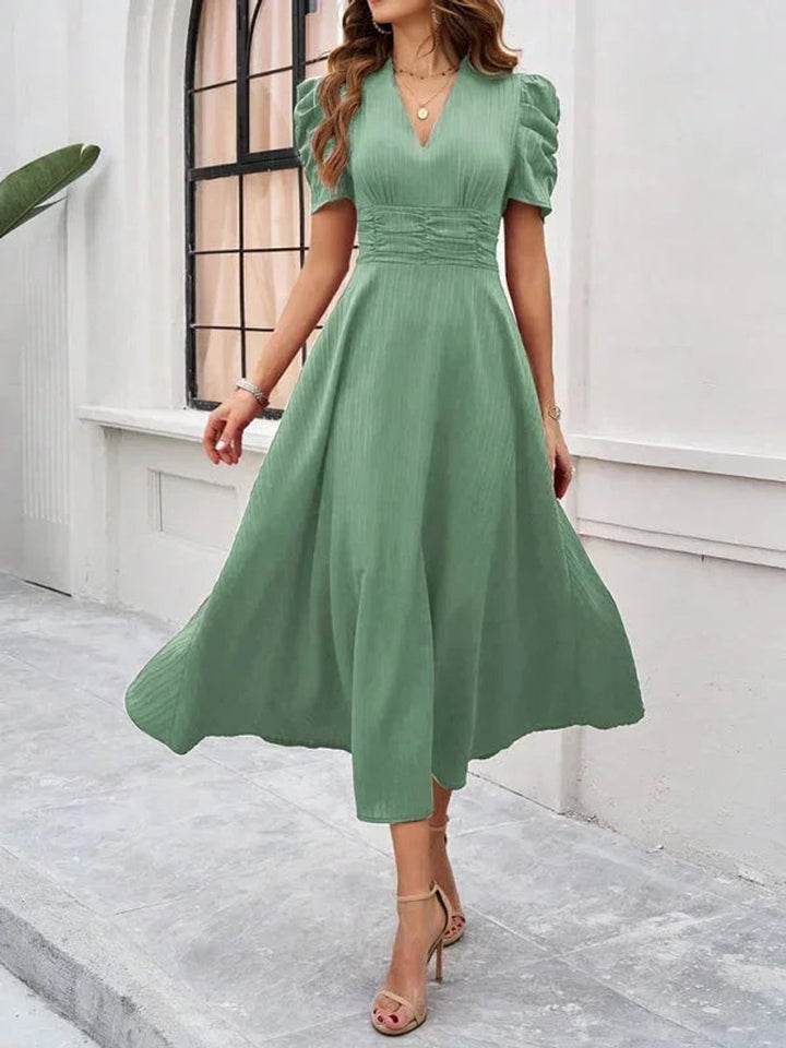 Women's V-Neck Puff Sleeve Midi Christmas Party Dress