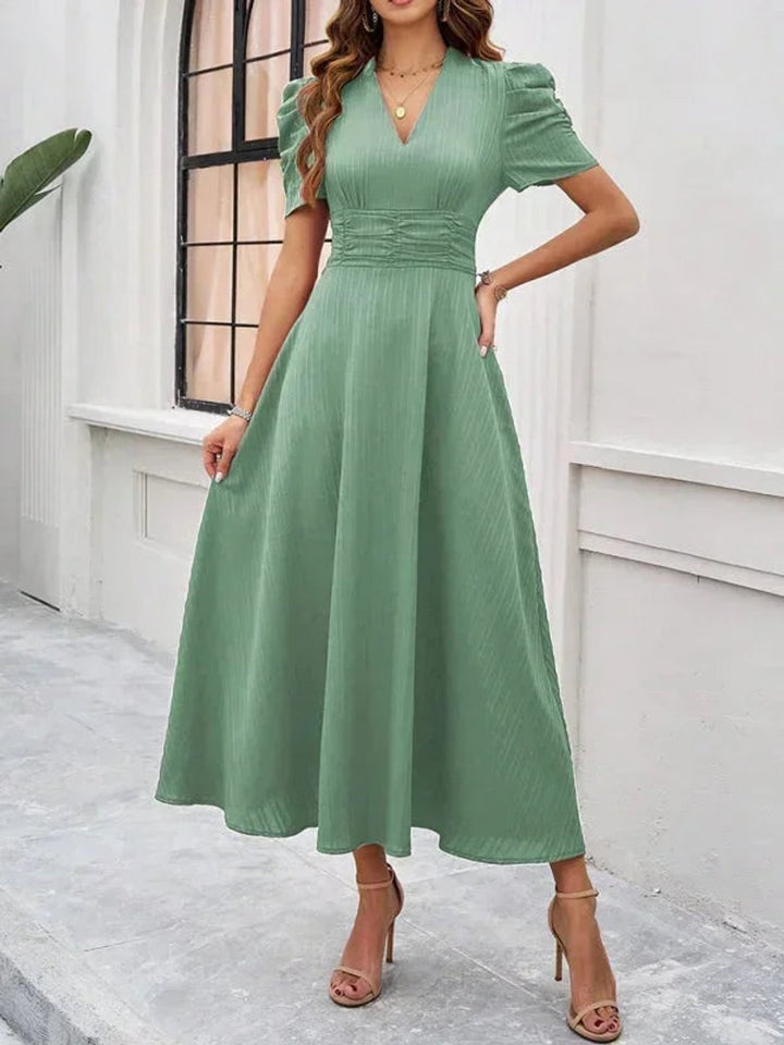 Women's V-Neck Puff Sleeve Midi Christmas Party Dress