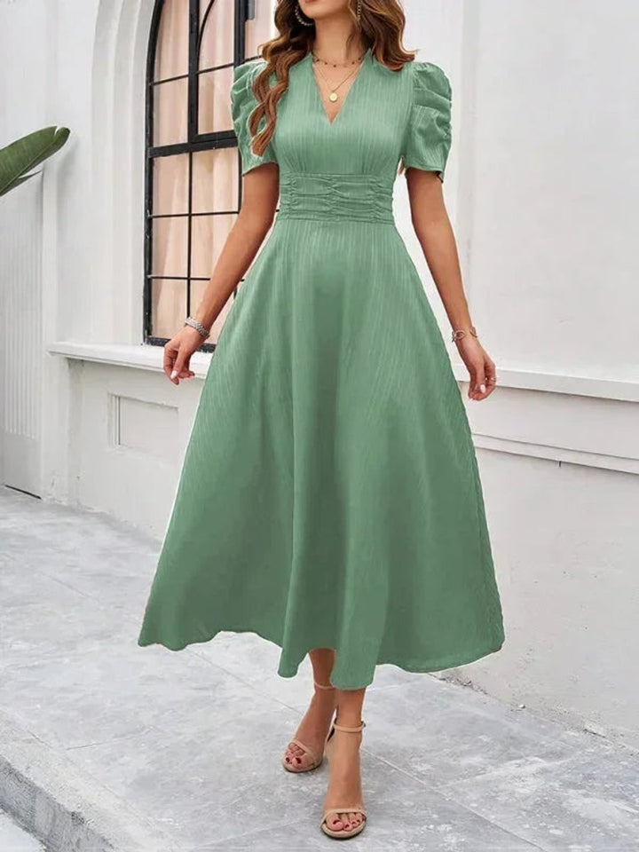 Women's V-Neck Puff Sleeve Midi Christmas Party Dress