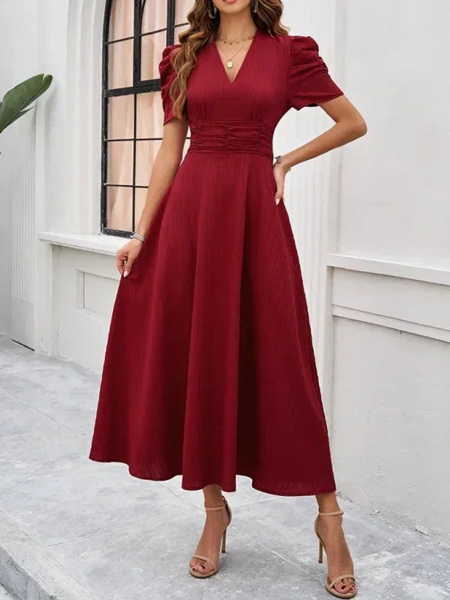 Women's V-Neck Puff Sleeve Midi Christmas Party Dress