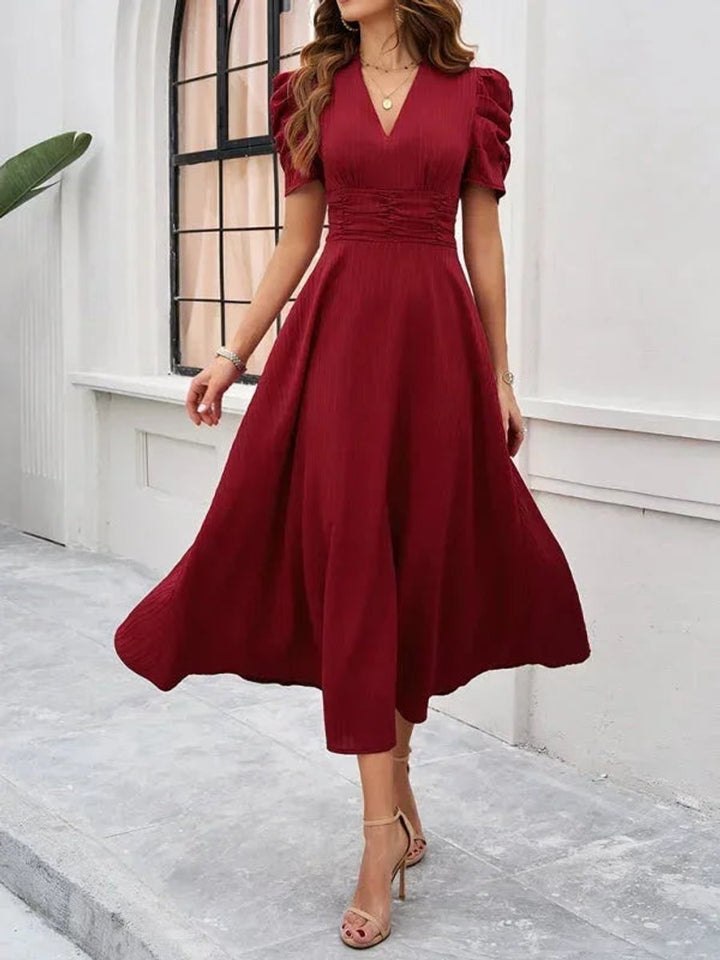 Women's V-Neck Puff Sleeve Midi Christmas Party Dress