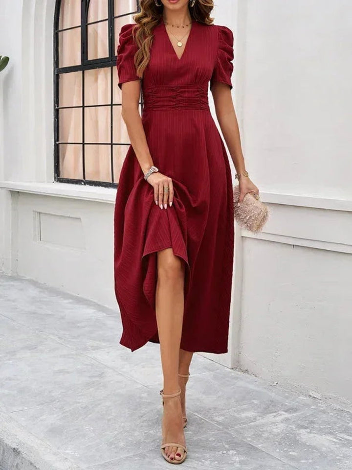 Women's V-Neck Puff Sleeve Midi Christmas Party Dress