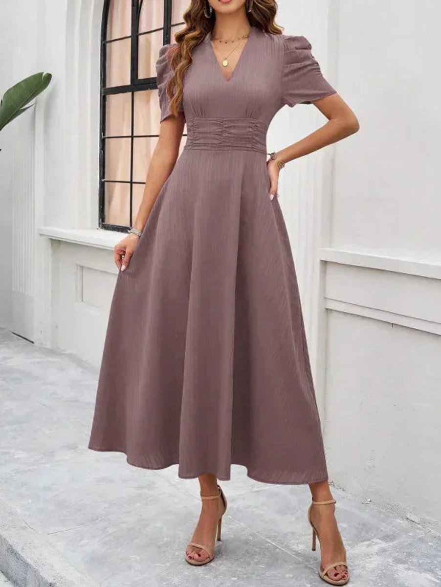 Women's V-Neck Puff Sleeve Midi Christmas Party Dress