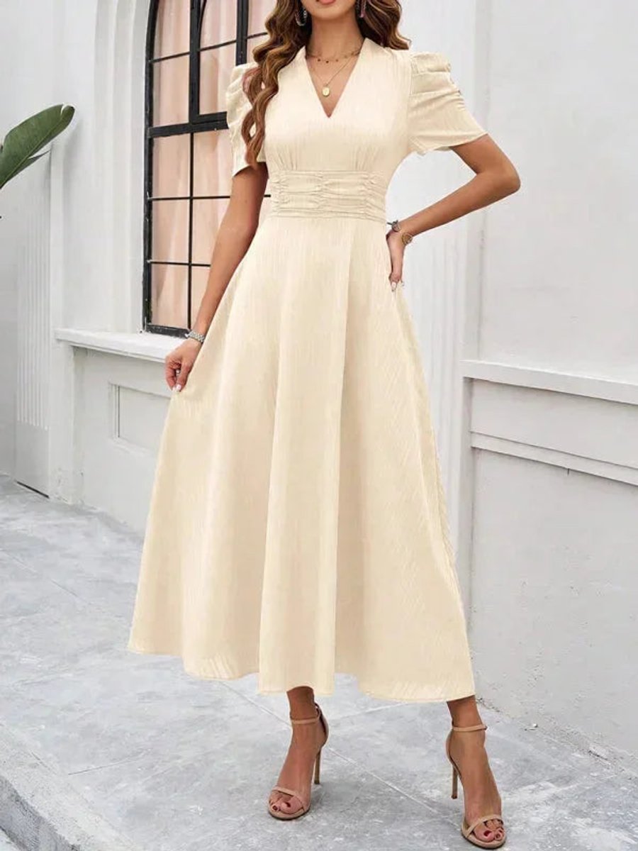 Women's V-Neck Puff Sleeve Midi Christmas Party Dress