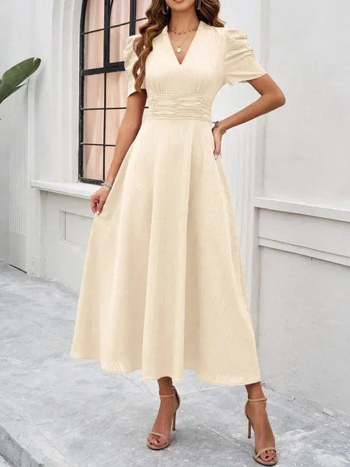 Women's V-Neck Puff Sleeve Midi Christmas Party Dress