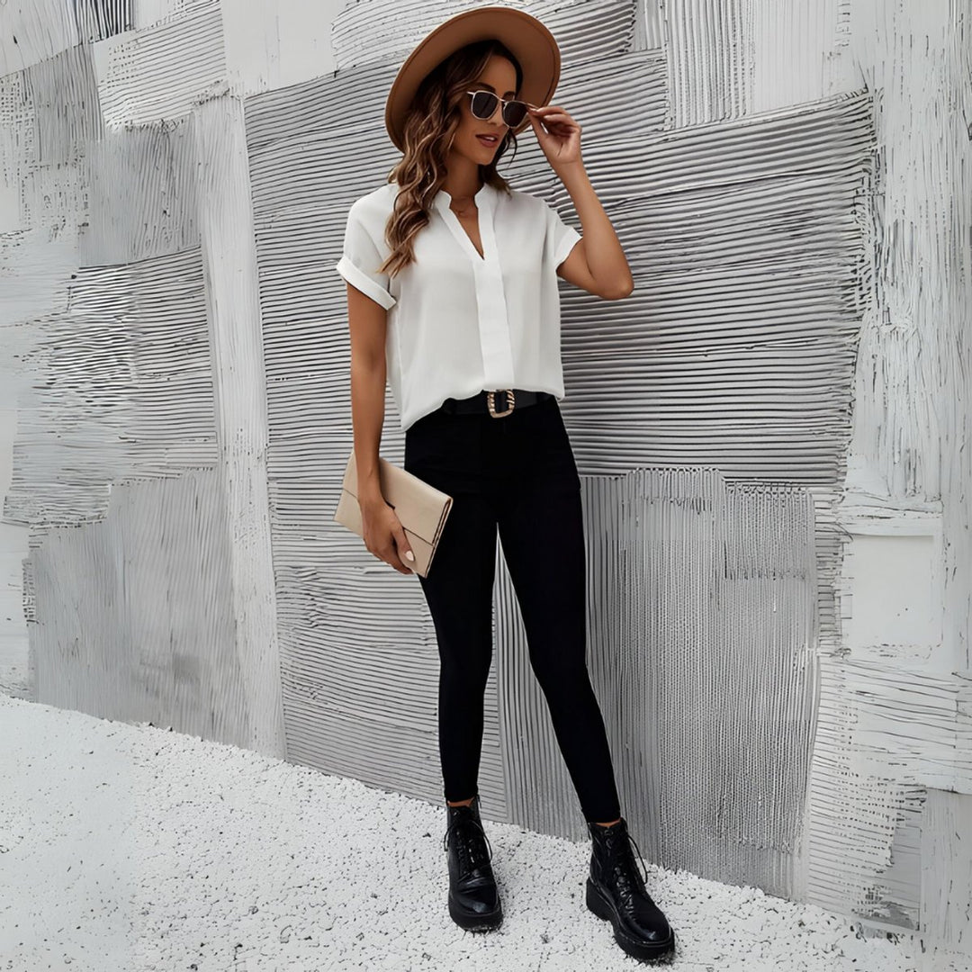Women's V-Neck Short-Sleeve Blouse Chic Relaxed-Fit Top