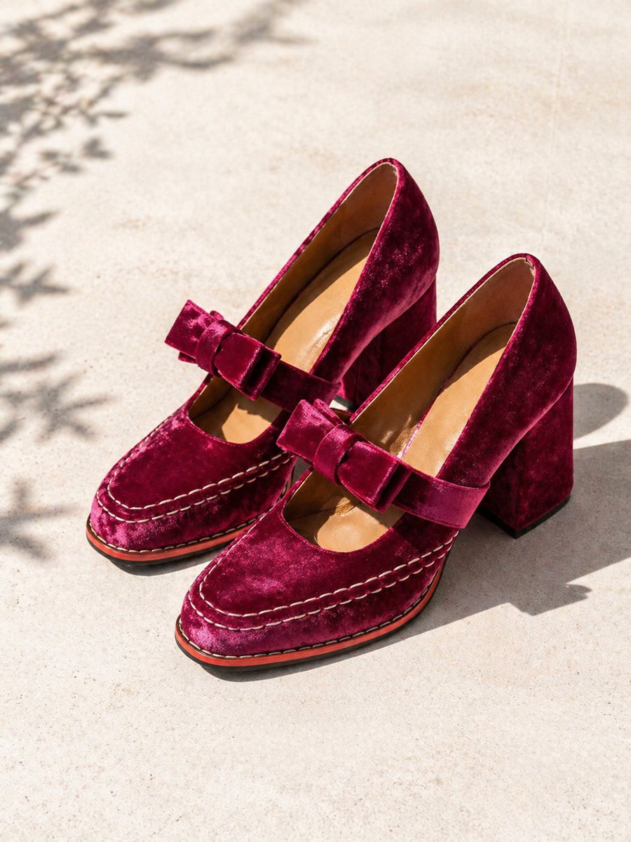 Women's Velvet Bow-Strap Block-Heel Mary Jane Heeled Court Shoes