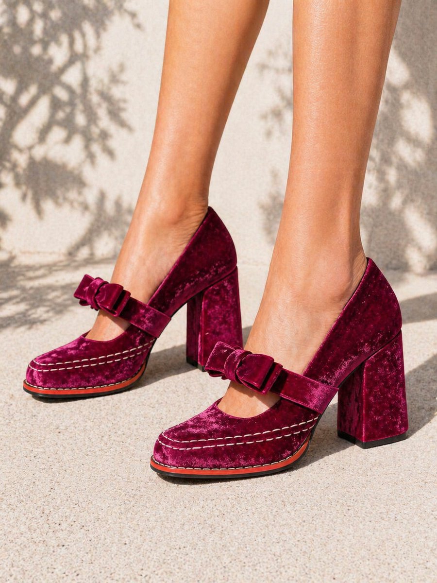 Women's Velvet Bow-Strap Block-Heel Mary Jane Heeled Court Shoes
