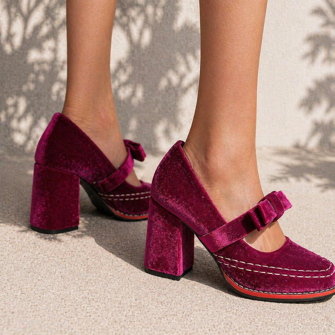 Women's Velvet Bow-Strap Block-Heel Mary Jane Heeled Court Shoes