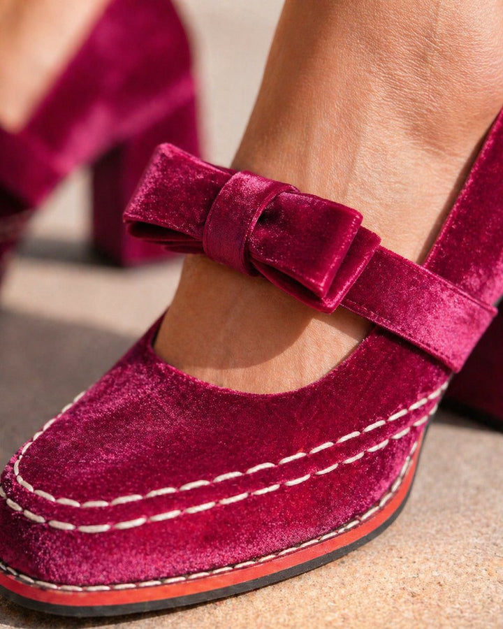 Women's Velvet Bow-Strap Block-Heel Mary Jane Heeled Court Shoes