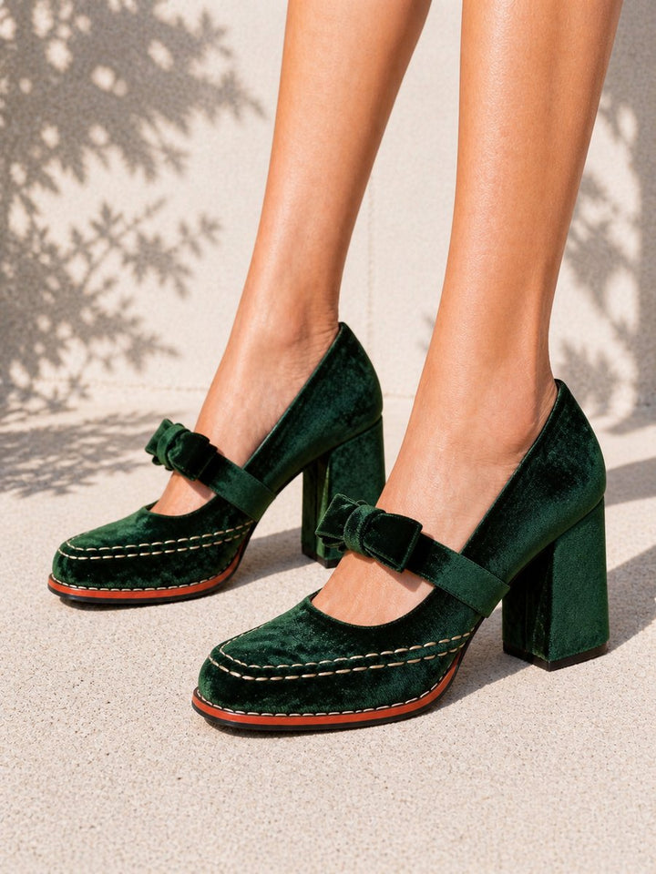 Women's Velvet Bow-Strap Block-Heel Mary Jane Heeled Court Shoes