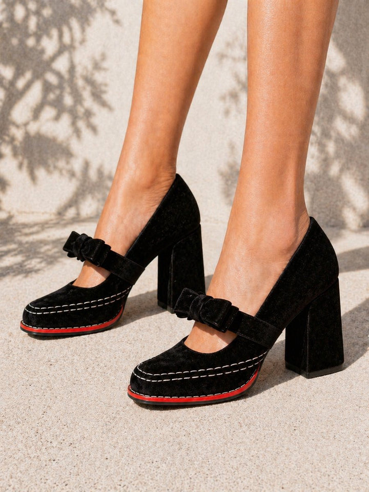 Women's Velvet Bow-Strap Block-Heel Mary Jane Heeled Court Shoes