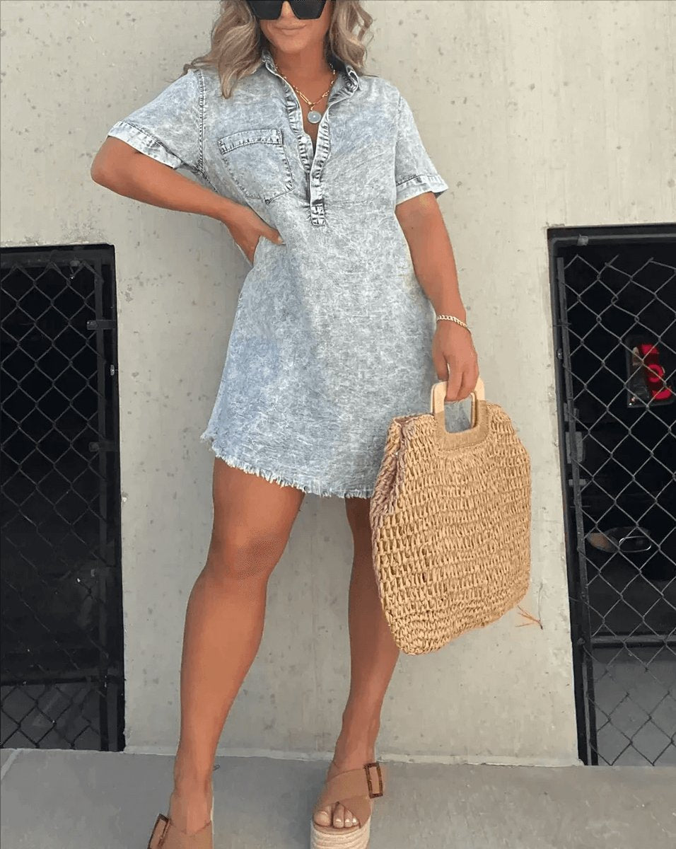 Women's Vintage Acid-Wash Denim Shirt Mini Dress Collar