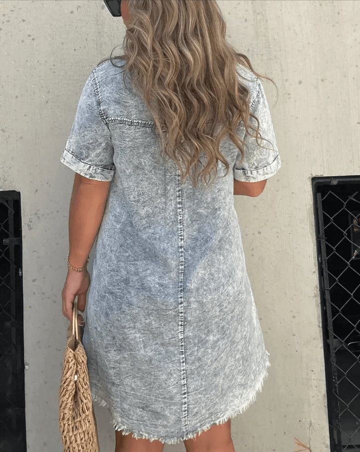 Women's Vintage Acid-Wash Denim Shirt Mini Dress Collar
