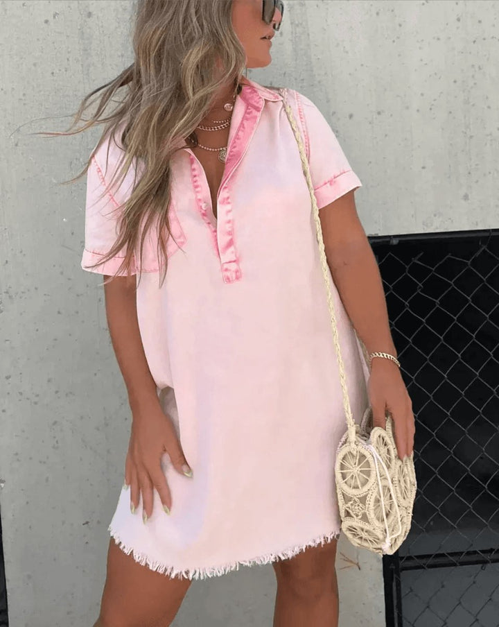 Women's Vintage Acid-Wash Denim Shirt Mini Dress Collar