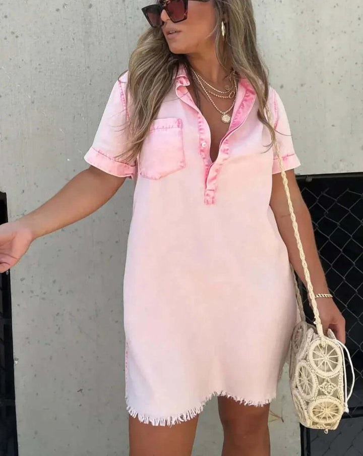 Women's Vintage Acid-Wash Denim Shirt Mini Dress Collar