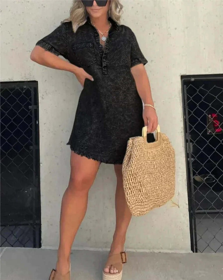 Women's Vintage Acid-Wash Denim Shirt Mini Dress Collar