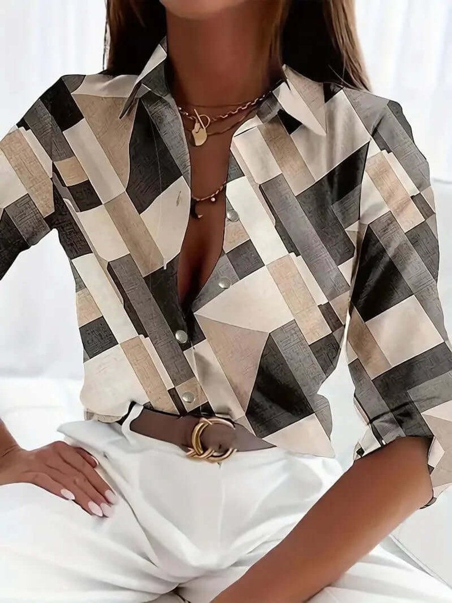 Women's Vintage Blouse Long-Sleeve Geometric Print Button-Up Shirt