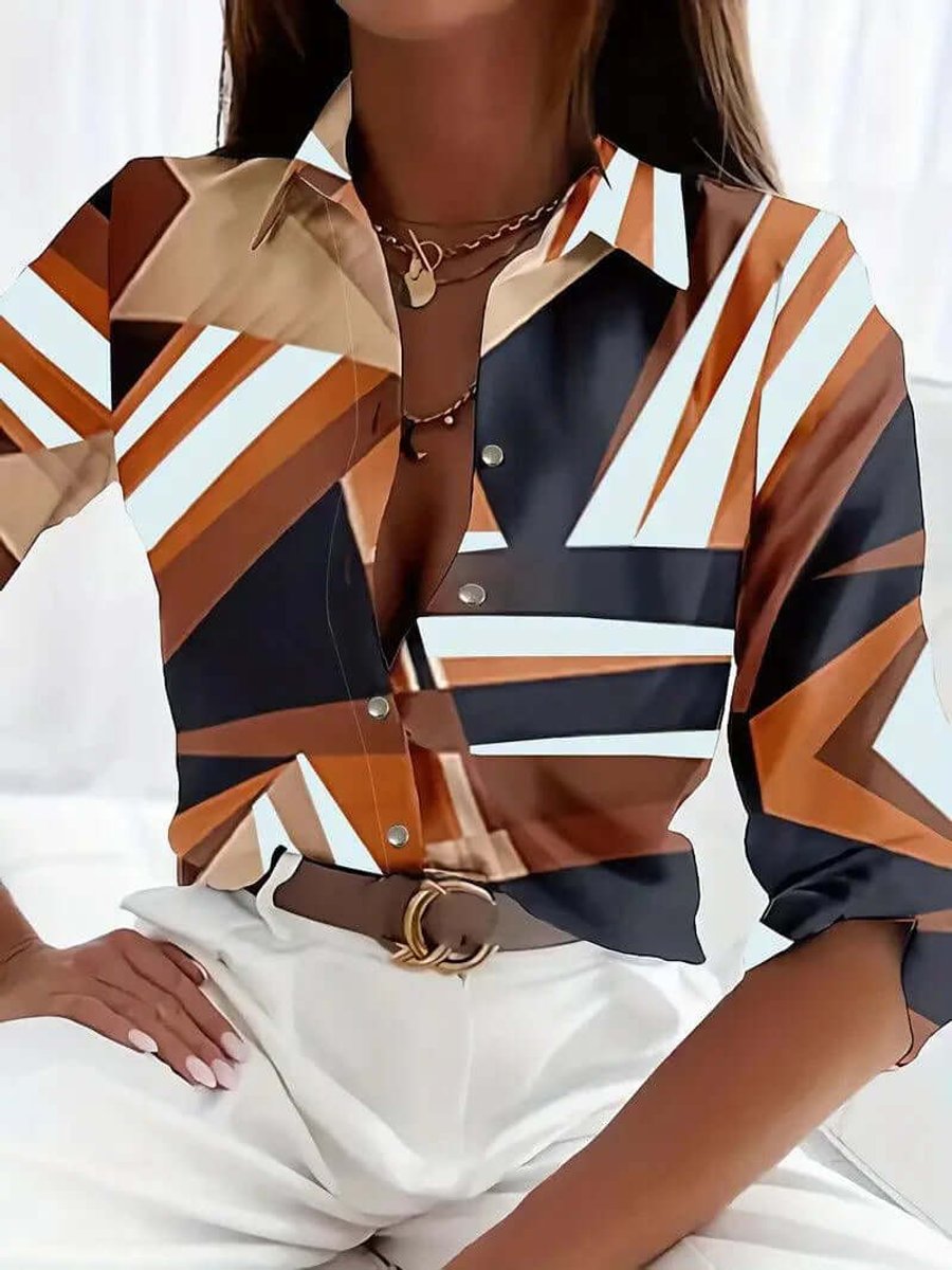 Women's Vintage Blouse Long-Sleeve Geometric Print Button-Up Shirt