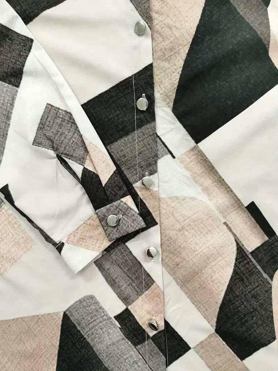 Women's Vintage Blouse Long-Sleeve Geometric Print Button-Up Shirt