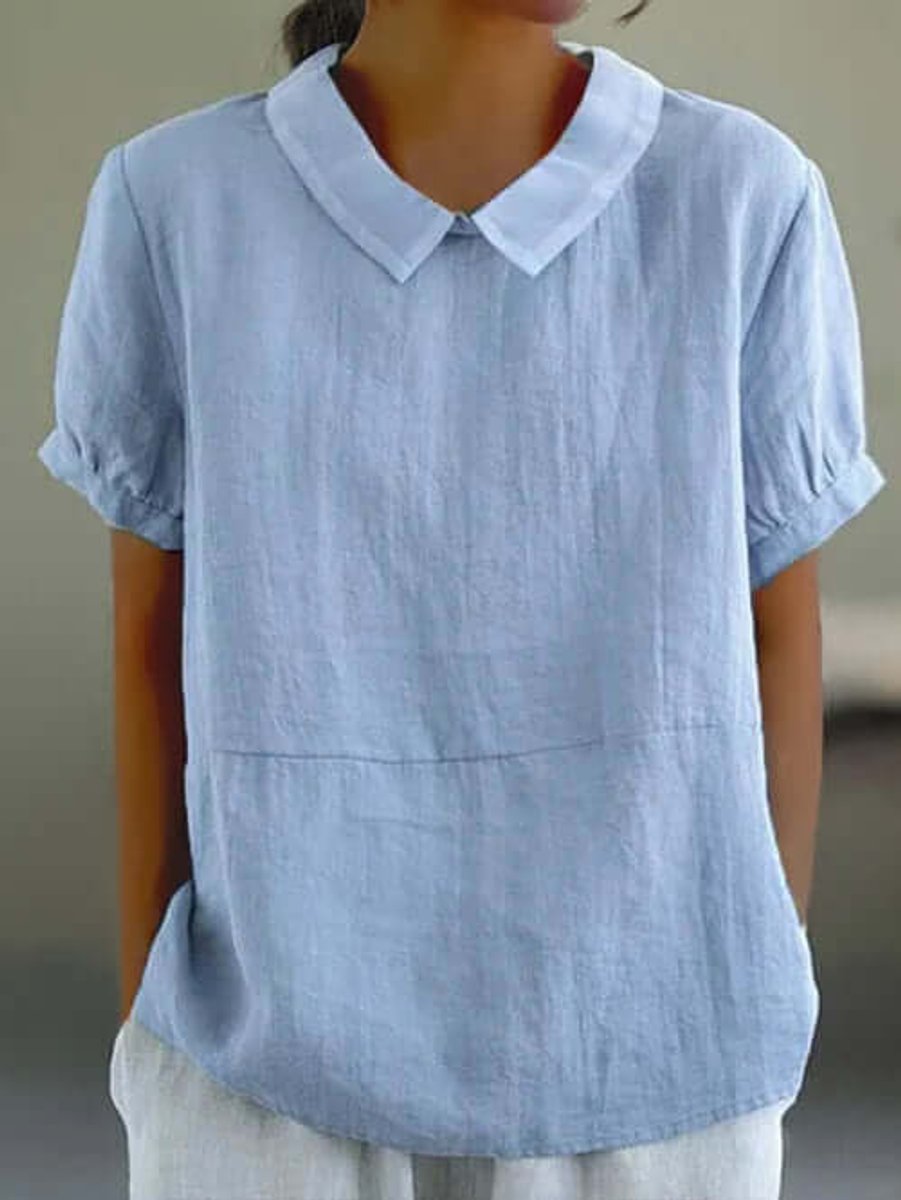 Women's Vintage Blouse Peter Pan Collar Short Sleeve Linen Top