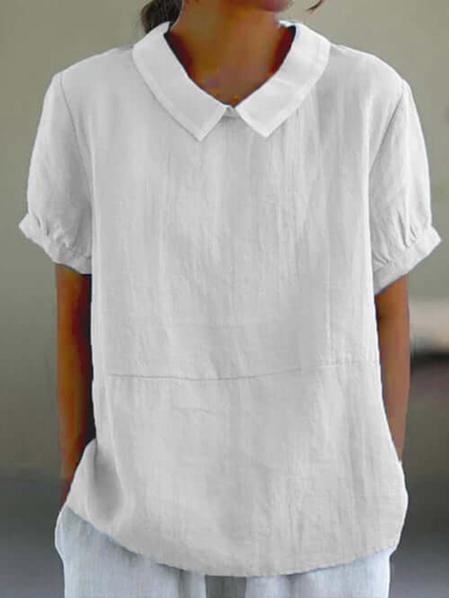 Women's Vintage Blouse Peter Pan Collar Short Sleeve Linen Top